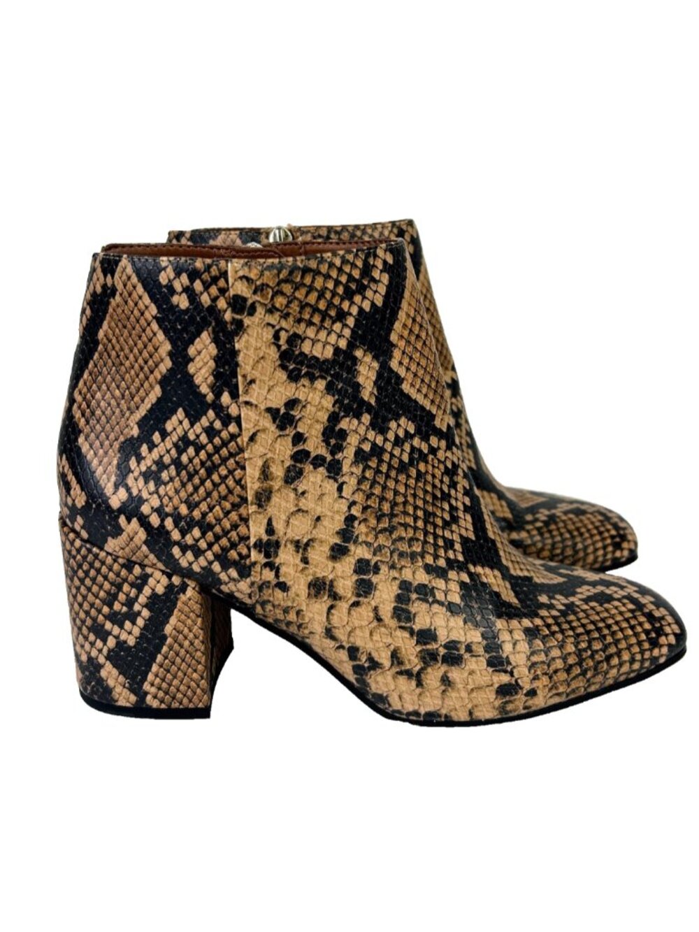 Franco Sarto Trudy Ankle Boots Snake Print Python Heeled Booties Brown Black 9.5